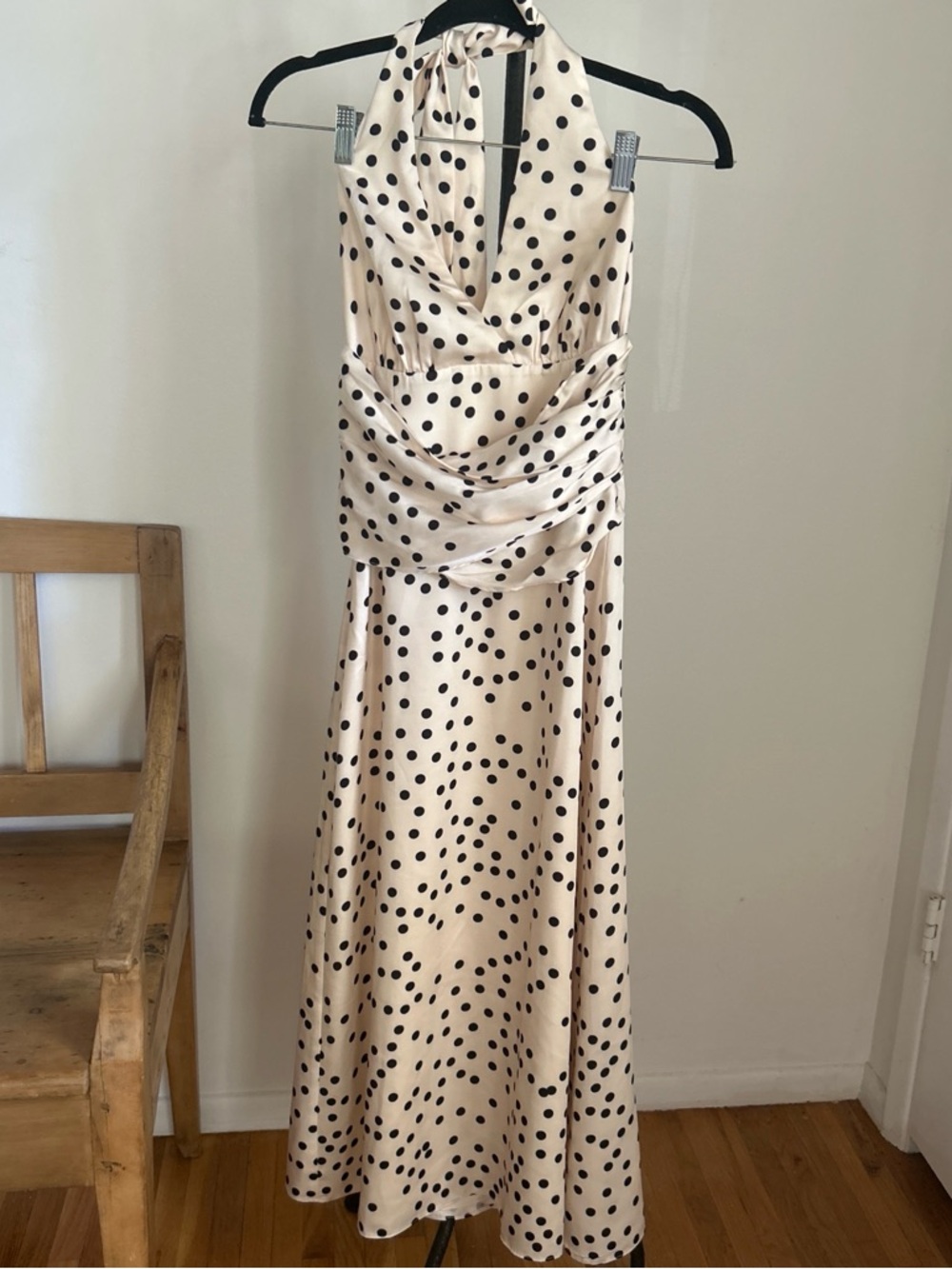 Meshki Cream halter Maxi Dress with Black Polka Dots